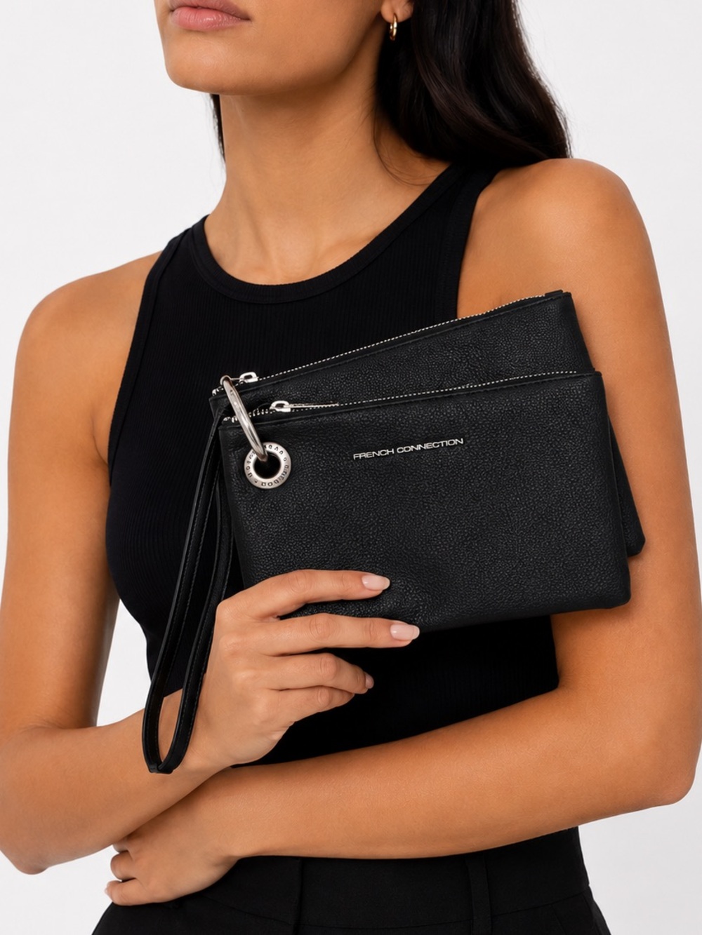 French Connection Lara Pebble faux leather Double Slim  Wristlets Black NWT